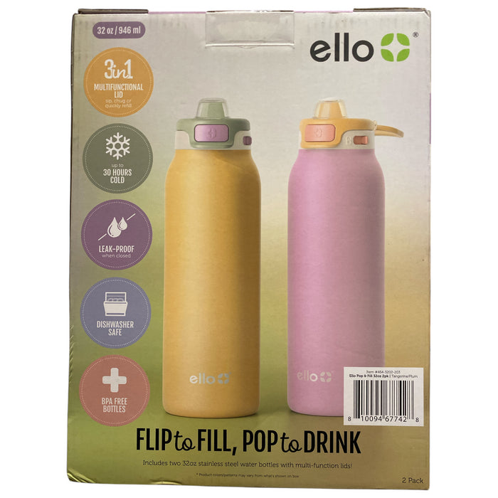 ello Pop & Fill 32oz Stainless Steel Water Bottle, 2pk, Tangerine/Plum