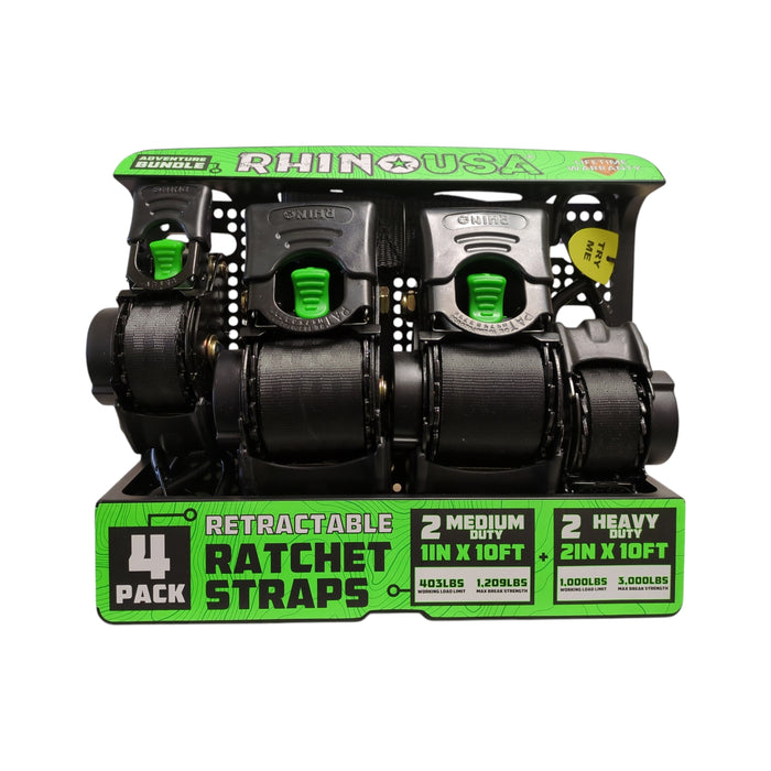 Rhino Outdoors 4pk Retractable Straps- Includes 2- 2"x10' and 2- 1"x10', Black