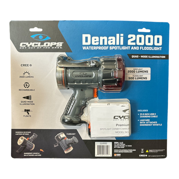 Cyclops Denali 2000 Waterproof Spotlight & Floodlight, Charging Cable & Lanyard