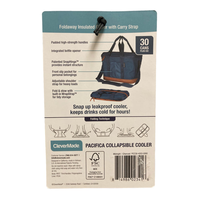 CleverMade Pacifica Collapsible Foldaway Cooler with Carry Strap, 30 Can