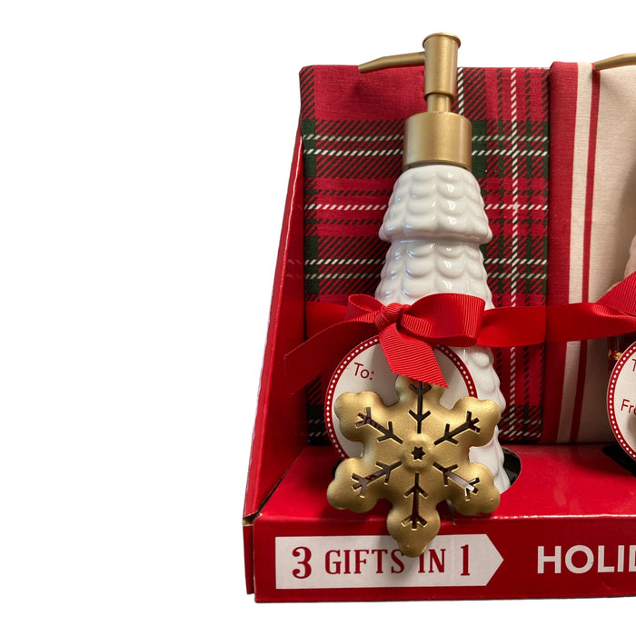 Holiday Hostess Gift Set with 3 Soap Dispensers, 3 Tea Towels, and 3 Ornaments