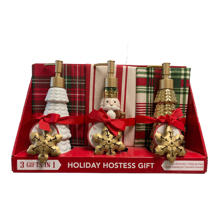 Holiday Hostess Gift Set with 3 Soap Dispensers, 3 Tea Towels, and 3 Ornaments