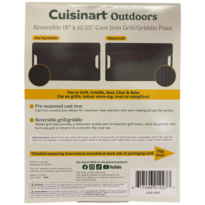 Cuisinart 2-in-1 Cast Iron Reversible Griddle & Ribbed Grill Plate