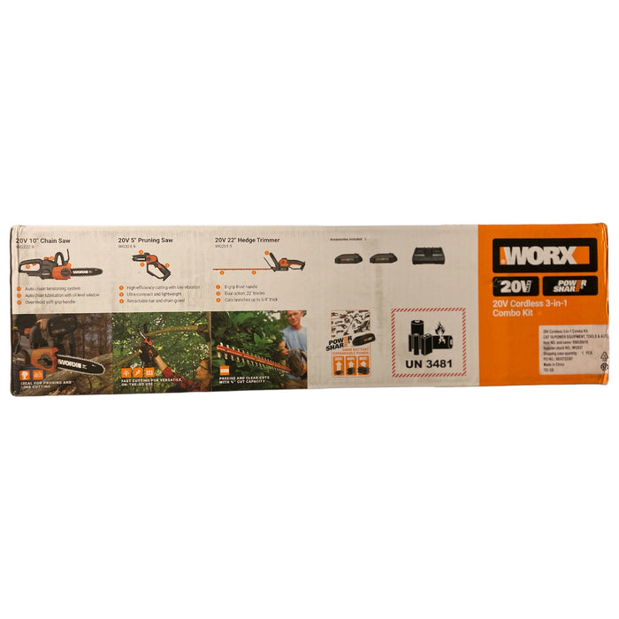 Worx 22" Hedge Trimmer, 5" Pruning Saw, 10" Cordless Chainsaw Combo Kit, WG937