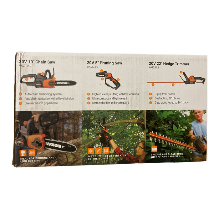 Worx 22" Hedge Trimmer, 5" Pruning Saw, 10" Cordless Chainsaw Combo Kit, WG937