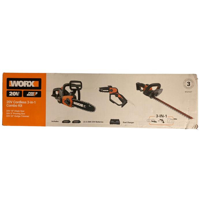 Worx 22" Hedge Trimmer, 5" Pruning Saw, 10" Cordless Chainsaw Combo Kit, WG937