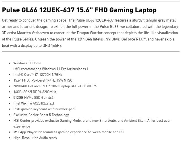 MSI 12UEK-637US 15.6" FHD i7-12700H 2.7GHz NVIDIA GeForce RTX 3060 Gaming Laptop