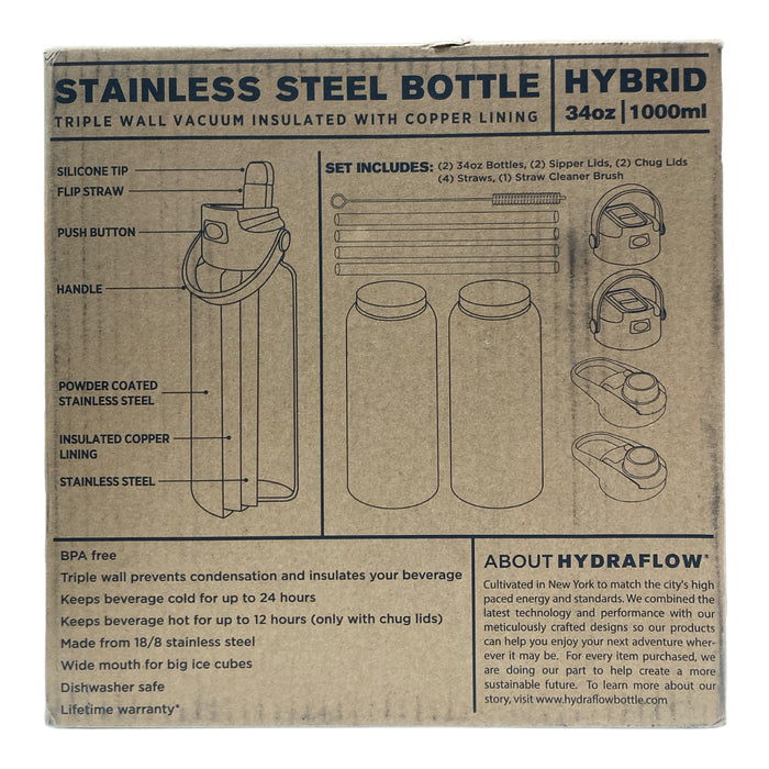 Hydraflow 11-Pc 34oz. Double Wall Stainless Steel Bottle & Accessories, Set of 2