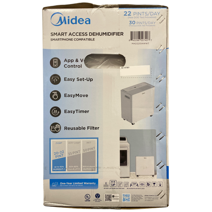 Midea Smart Access Dehumidifier, Up to 1,500 sqft, 22 Pints/Day, MAD22S1AWWT