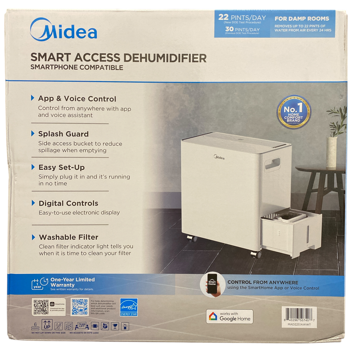 Midea Smart Access Dehumidifier, Up to 1,500 sqft, 22 Pints/Day, MAD22 ...