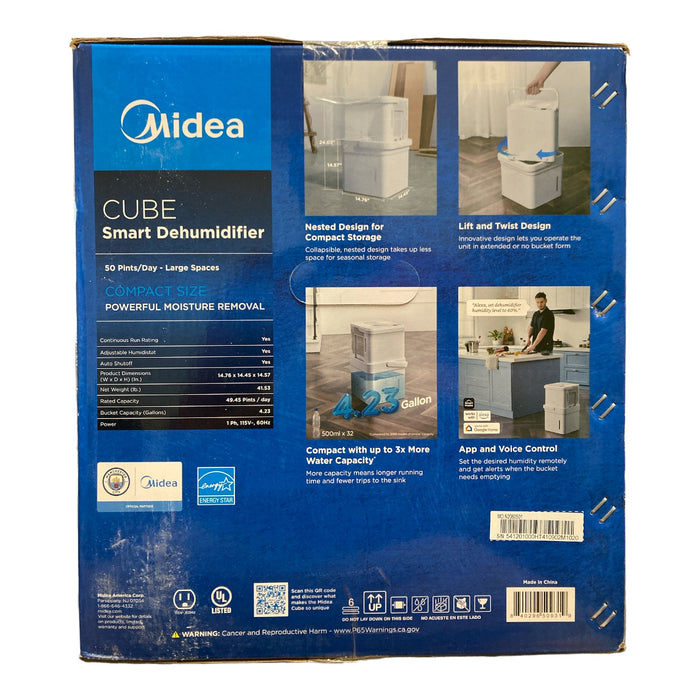 Midea Compact Cube Smart Dehumidifier with Build-In Pump, 50 Pint, Whi ...