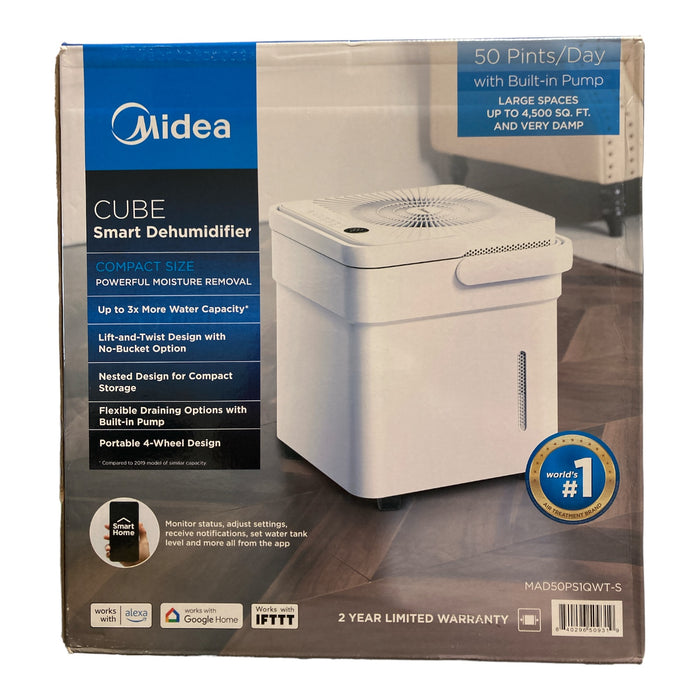 Midea Compact Cube Smart Dehumidifier with Build-In Pump, 50 Pint, Whi ...