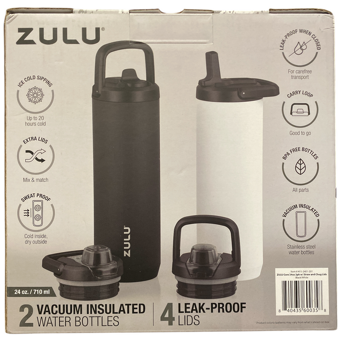 Zulu Stainless Steel Water Bottle with Lids., 2pk 24oz, Includes 2 Extra Lids