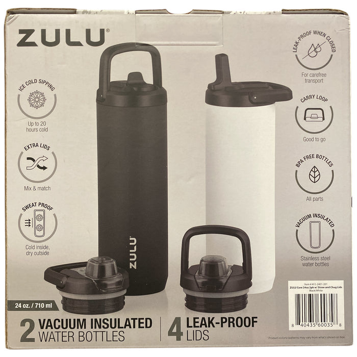 Zulu Stainless Steel Water Bottle with Lids., 2pk 24oz, Includes 2 Extra Lids