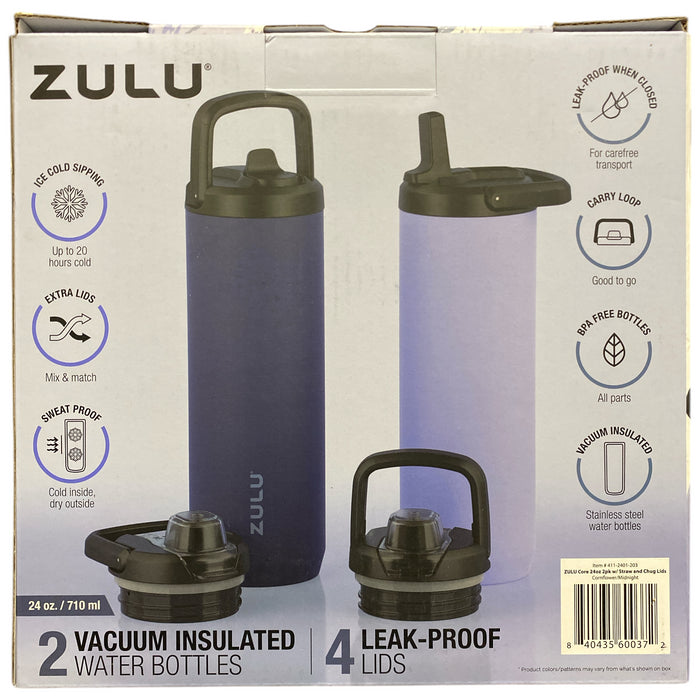 Zulu Stainless Steel Water Bottle with Lids., 2pk 24oz, Includes 2 Extra Lids