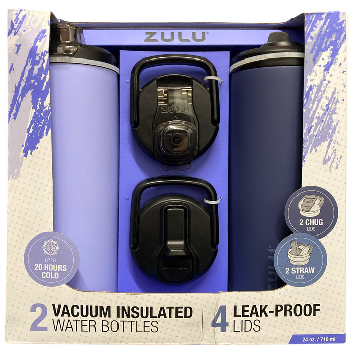 Zulu Stainless Steel Water Bottle with Lids., 2pk 24oz, Includes 2 Extra Lids