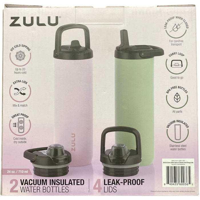 Zulu Stainless Steel Water Bottle with Lids., 2pk 24oz, Includes 2 Extra Lids