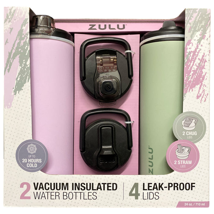 Zulu Stainless Steel Water Bottle with Lids., 2pk 24oz, Includes 2 Extra Lids