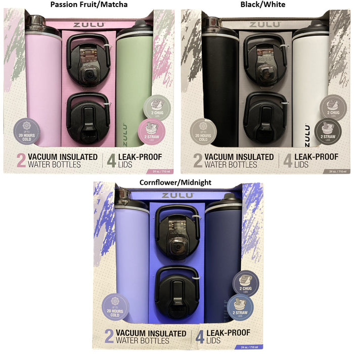 Zulu Stainless Steel Water Bottle with Lids., 2pk 24oz, Includes 2 Extra Lids