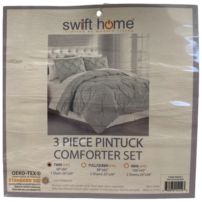 Swift Home 3 Piece Pintuck Comforter Set, Silver, Twin