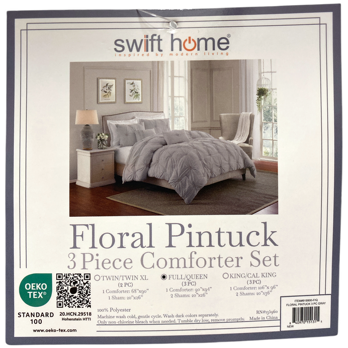 Swift Home Ultra Plush Floral Pintuck Comforter Set, 3pc, Full/Queen