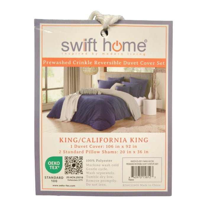 Swift Home Crinkle Reversible Duvet Cover & Sham, Navy, King/ Cal King