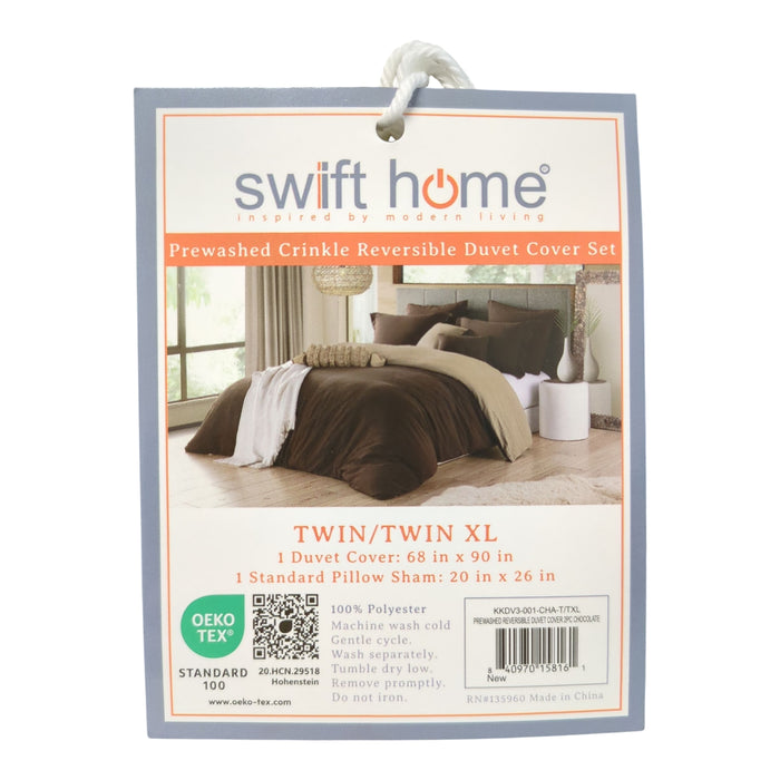 Swift Home Crinkle Reversible Duvet Cover & Sham, Chocolate, Twin/TwinXL