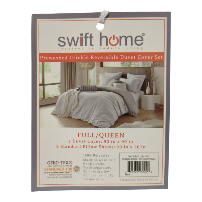 Swift Home Crinkle Reversible Duvet Cover & Sham, Silver, Full/Queen