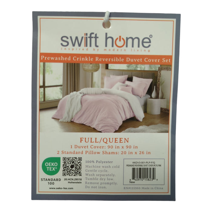 Swift Home Crinkle Reversible Duvet Cover & Sham, Pink, Full/Queen