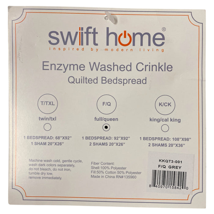 Swift Home Crinkle Enzyme Wash Quilted Bedspread Set, Grey, Full/Queen