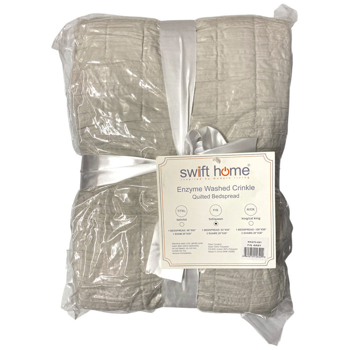 Swift Home Crinkle Enzyme Wash Quilted Bedspread Set, Grey, Full/Queen