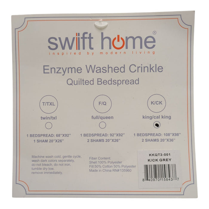 Swift Home Enzyme Washed Crinkle Quilted Bedspread, Grey, King/Cal King