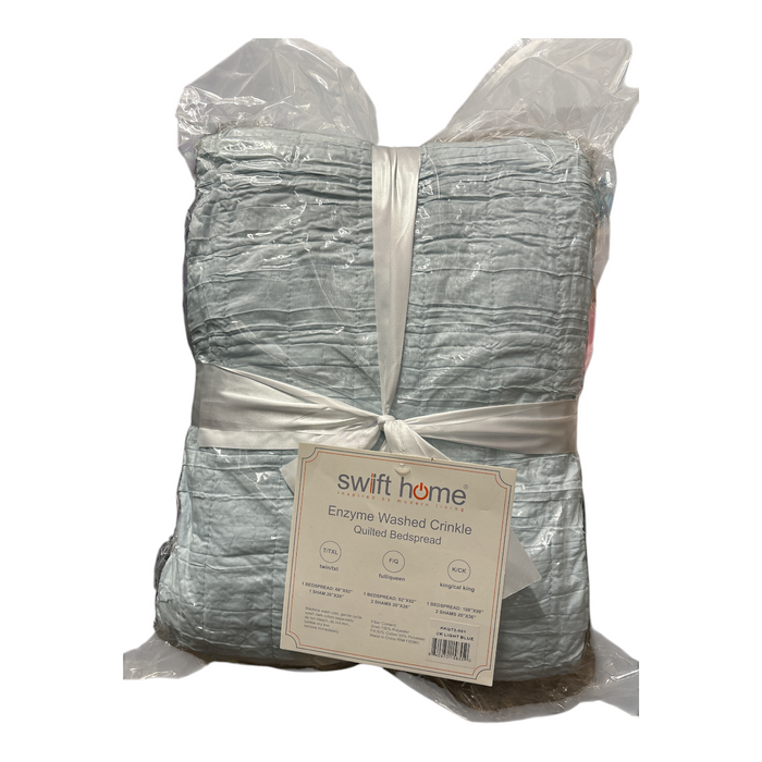Swift Home Crinkle Enzyme Wash Crinkle Quilted Bedspread Set, Twin/TXL, Lt Blue