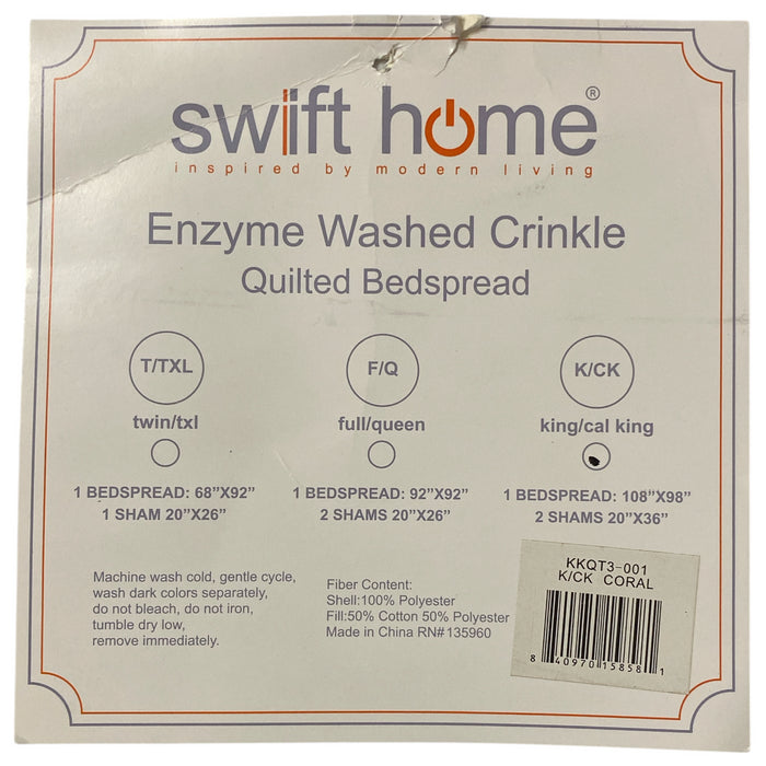 Swift Home Crinkle Enzyme Wash Quilted Bedspread Set, Coral, King/Cal King
