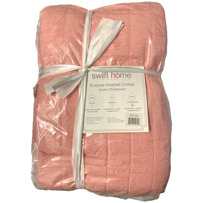 Swift Home Crinkle Enzyme Wash Quilted Bedspread Set, Coral, King/Cal King