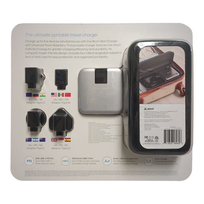 Atomi Wall Charger with Universal Travel Adapters & Carry Case, Gray