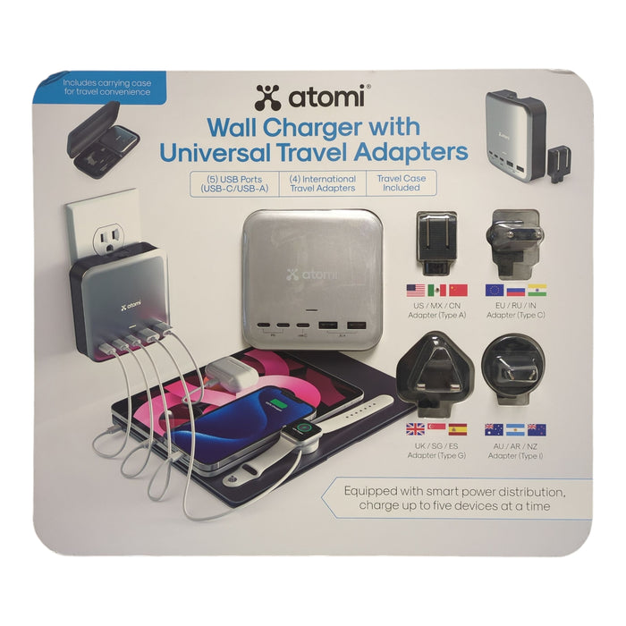 Atomi Wall Charger with Universal Travel Adapters & Carry Case, Gray