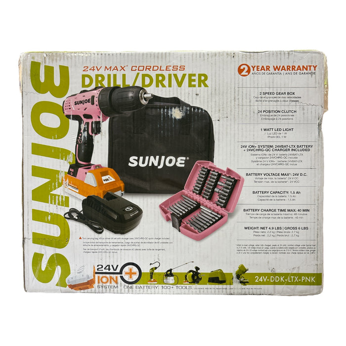 SunJoe 24V Max Cordless Drill/Driver, 1.5 Ah Battery & Charger, 40 Bit Set, Pink