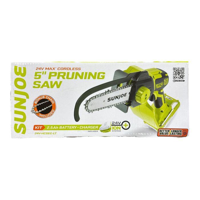 SunJoe 24 Volt IONMAX Cordless Handheld 5" Pruning Chainsaw Kit, 2.5-Ah Battery