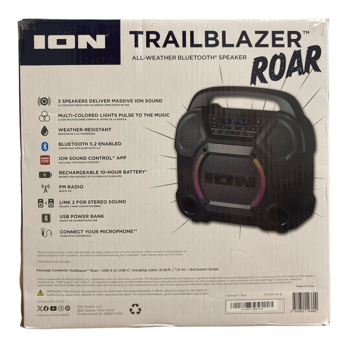 ION Audio Trailblazer Roar, All-Weather Bluetooth Speaker, Black *No Power Cord*