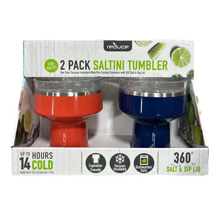 Reduce 16oz Stainless Steel Saltable Lid Saltini Tumbler, 2 Pack, Orange/Blue