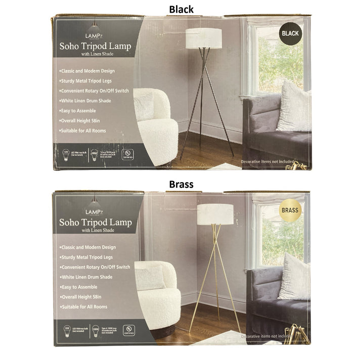 LAMPz Soho Tripod Floor Lamp with White Linen Shade, 58"