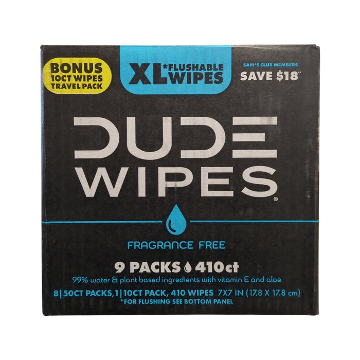 DUDE WIPES XL Flushable Wipes, Fragrance Free, Bonus Pack, 9ct, 410 wipes
