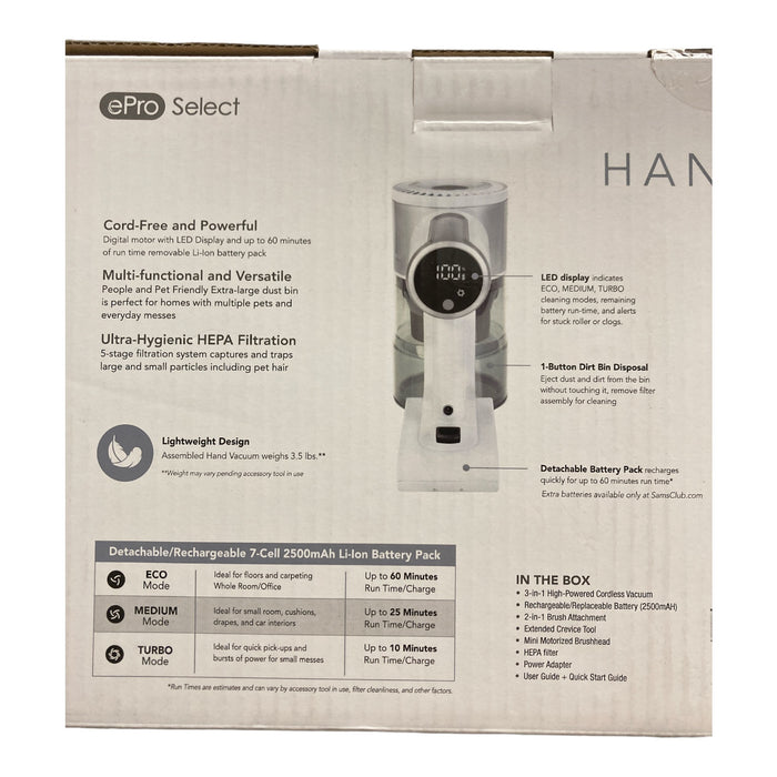 ePro Select Cordless Handheld Vacuum with 3 Attachments, White