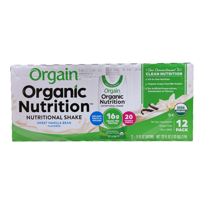 Orgain Organic Gluten Free Nutritional Shake, Sweet Vanilla Bean, 12pk-11floz