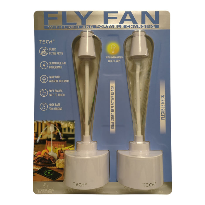 Tech Squared Fly Fan,Table Lamp, & Portable Charger, 2 Pack, White