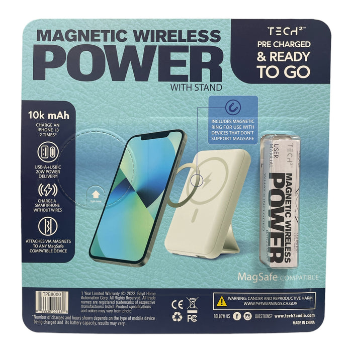 Tech Squared Magnetic Wireless Power with Stand, 10k mAh