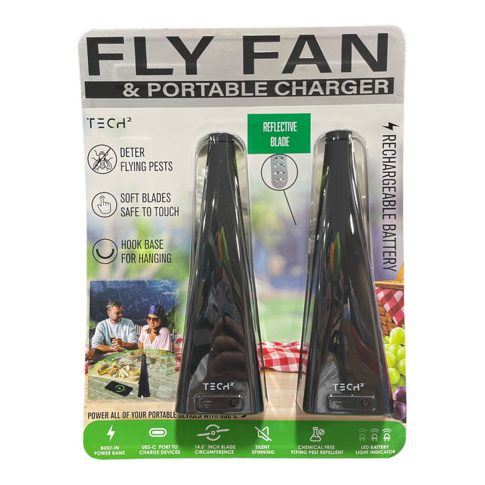Tech Squared Fly Fan Flying Pest Repellent & Portable Charger, 2 Pack, Black