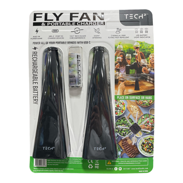 Tech Squared Fly Fan Flying Pest Repellent & Portable Charger, 2 Pack, Black