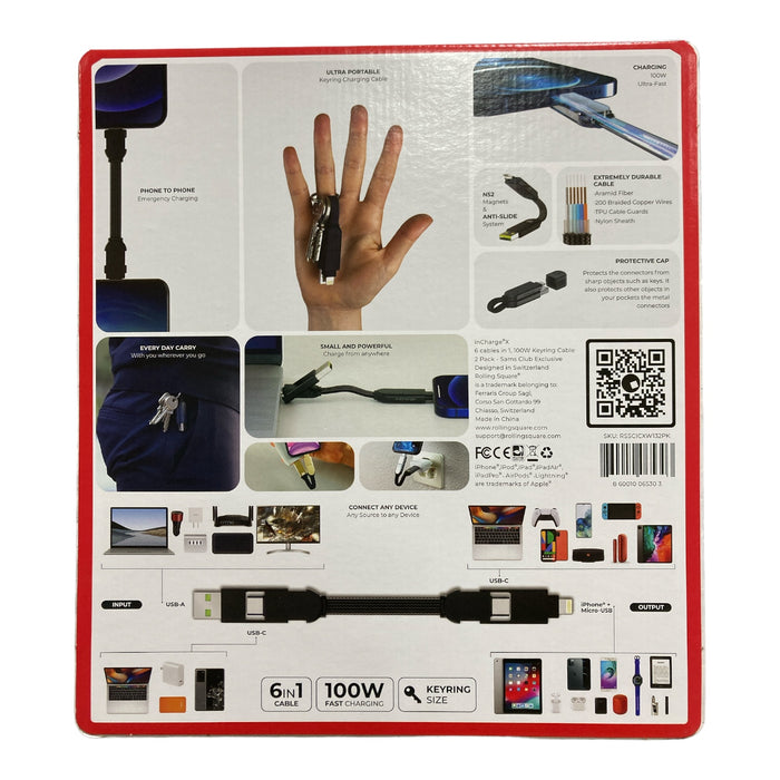 Rolling Square inCharge X 100W 6-in-1 USB-A/USB-C Keyring Cable, 2pk